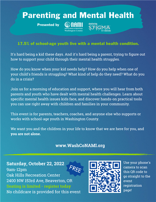 17.5% of school age youth live with a mental health condition flyer regarding how to support parents, students, etc qr code